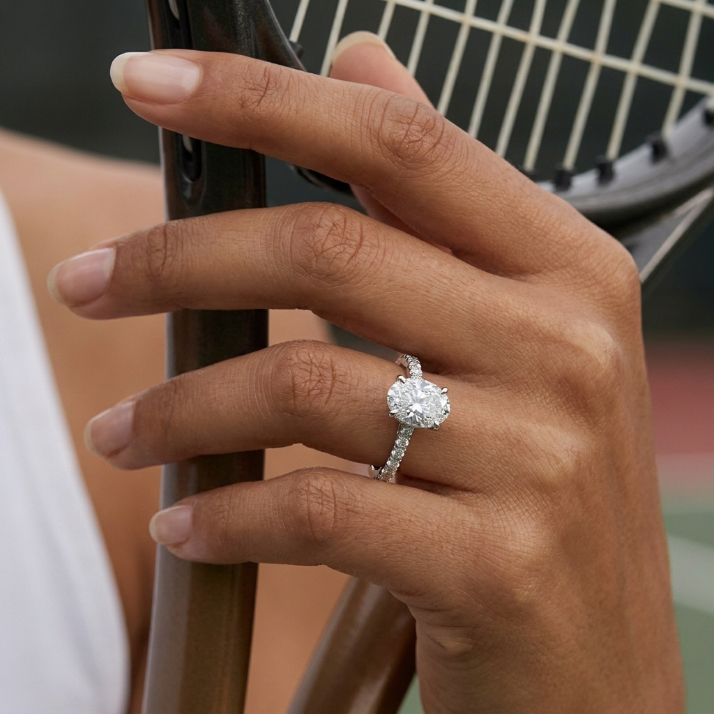 Customer-designed oval solitaire worn on the court