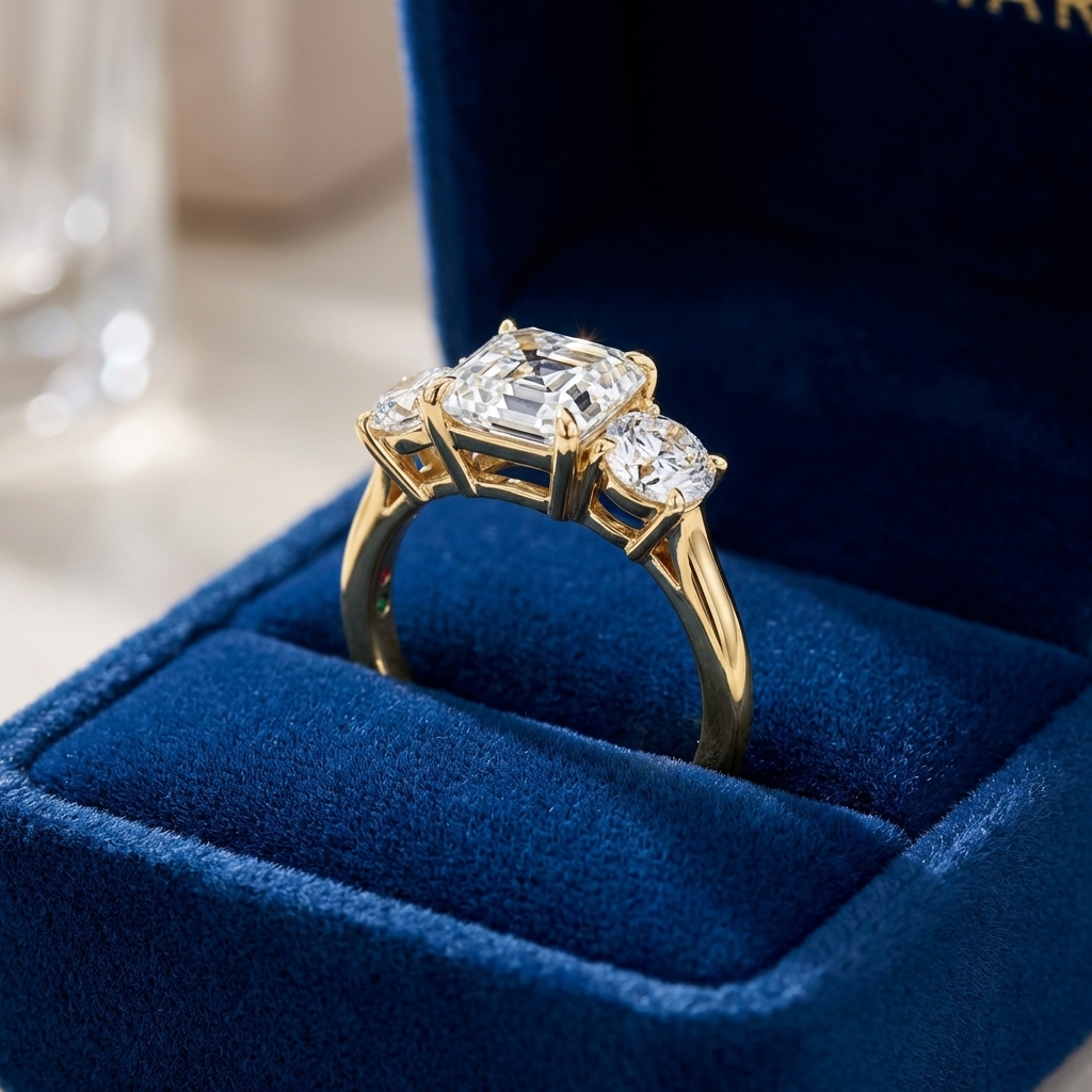 Three-stone engagement ring in a velvet box