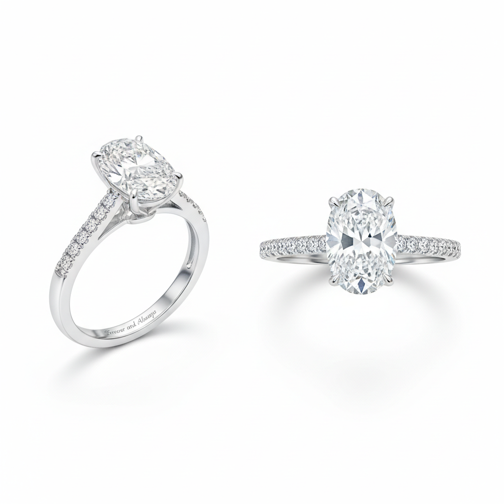 AI-generated oval diamond cathedral ring design